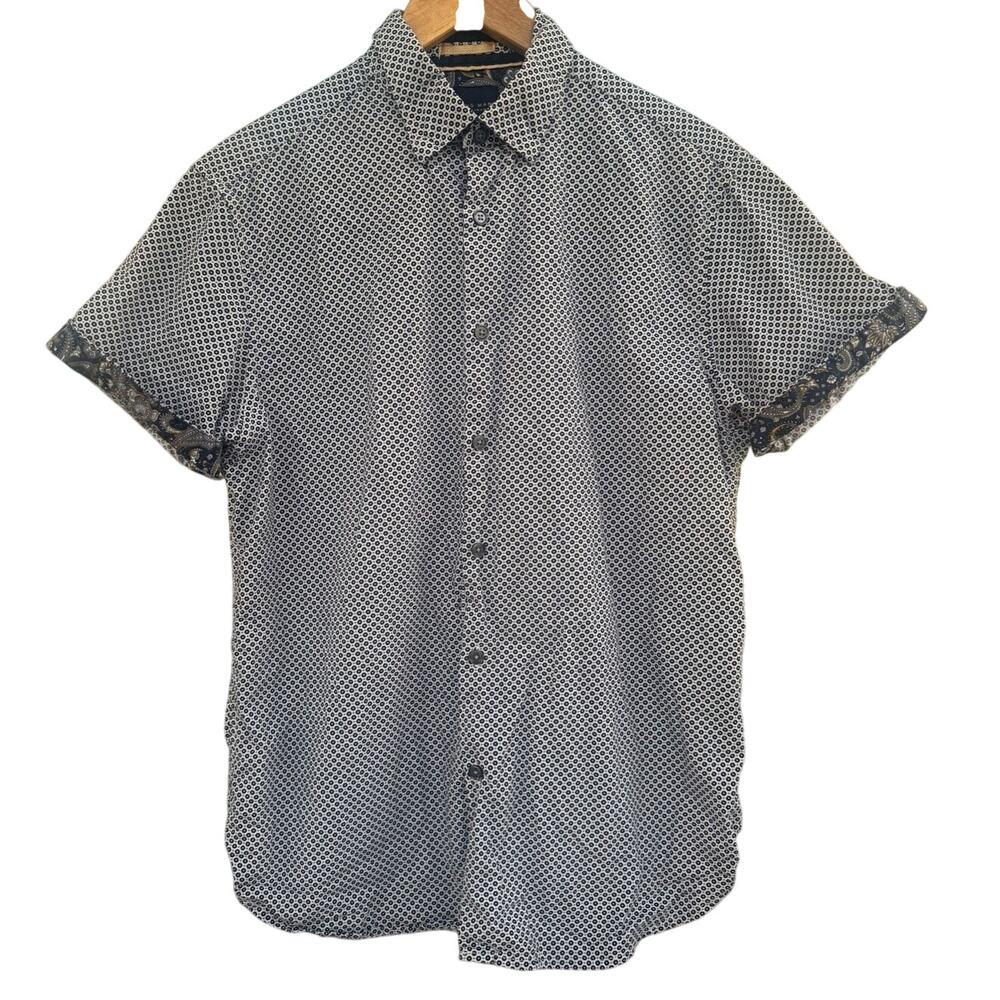 Cactus Man Ricky Singh Micro Geometric Short Sleeve Button Down Shirt Blue M